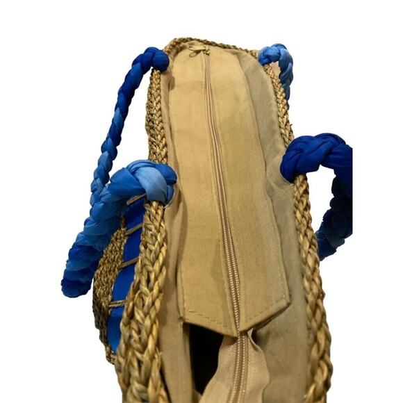 Cappelli Ombre Blue Ribbon Straw Bag Zip Top Braided Strap Tote Hand Bag - Picture 5 of 5